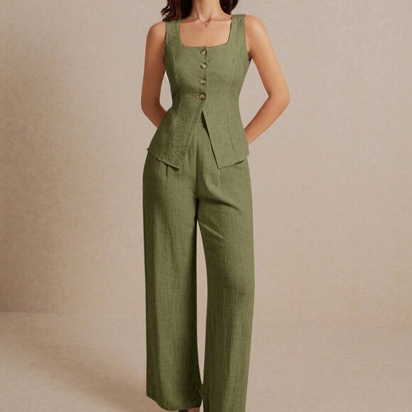 Army Green Casual Women's Summer Linen Sleeveless Vest Top And Trousers Set - Picture 1 of 8